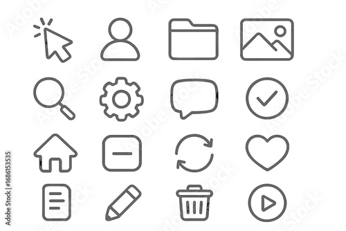 Web icon set. Collection of simple outline icons for user interface design. UI and UX kit. Symbols such as home, settings, search, profile, edit, delete, like, and play.