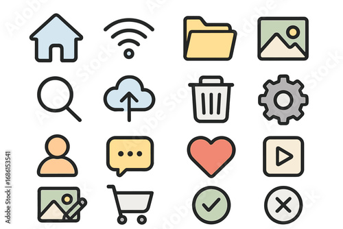 Set of 16 user interface outline icons for web and mobile apps. Minimalist pictograms for navigation, e-commerce and social media. Vector illustration of digital symbols.