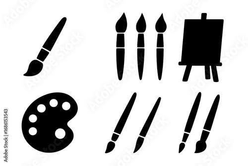 Art tools silhouette icon set. Painter equipment collection with brush, palette, and easel. Vector graphic for creative projects, artist supplies, and hobby concepts.