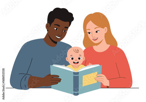 Diverse family bonding over reading time with baby. Perfect for family, reading, parenting, diversity, fun, togetherness, and joy concepts.