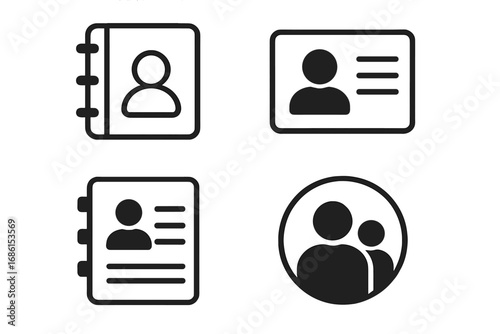 User profile icon set for UI UX design. Contact list, address book, and ID card symbols. Minimalist line art vector for personal account, member login, or team group page.