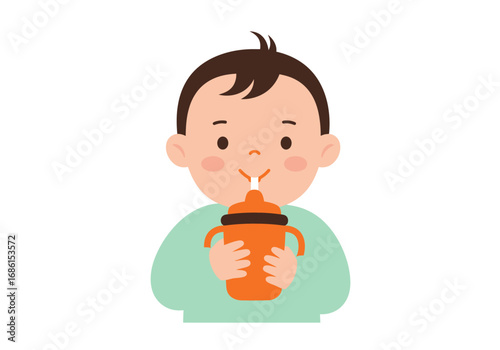 Young child drinking from an orange sippy cup with handles, suitable for parenting blogs, childcare websites, and educational materials.