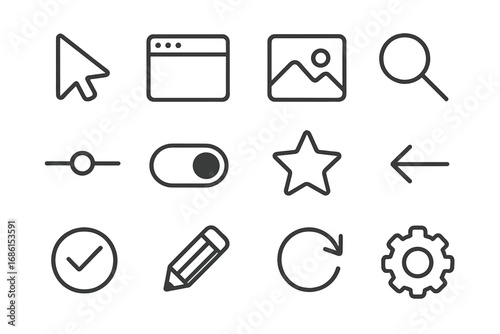 Universal thin line icons set for web and mobile app. UI UX kit with essential interface elements like cursor, search, settings, edit, favorite. Vector graphic symbols pack.
