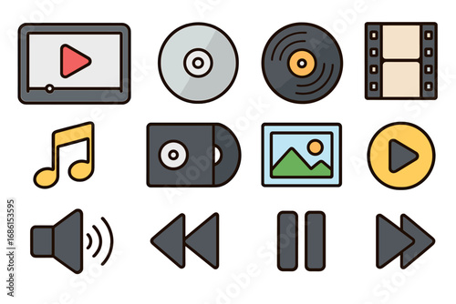 Multimedia icon set. Vector collection of player control buttons. UI UX design elements for web and app. Linear color symbols for audio, video, music, sound, photo.