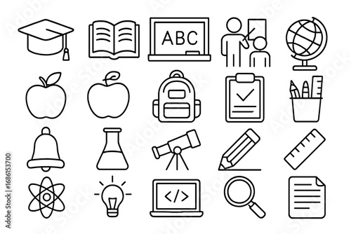 Education and school outline icon set. Thin line vector symbols for learning, study, and science. Classroom and university supplies, knowledge and graduation concept icons.
