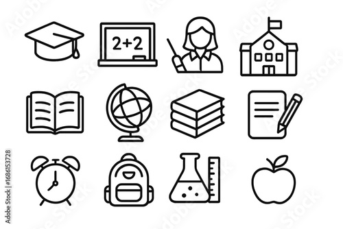 Education school outline icon set. Back to school concept. Learning, study supplies symbols. University, graduation, teacher, book, globe, science vector linear icons.