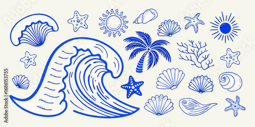 Collection of blue hand drawn ocean elements including waves starfish seashells palm tree and sun