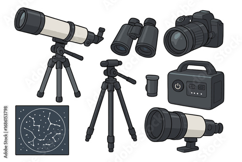 Astrophotography and astronomy gear set. Stargazing hobby equipment collection. Telescope, DSLR camera, tripod, binoculars, power station, star map vector cartoon illustration.