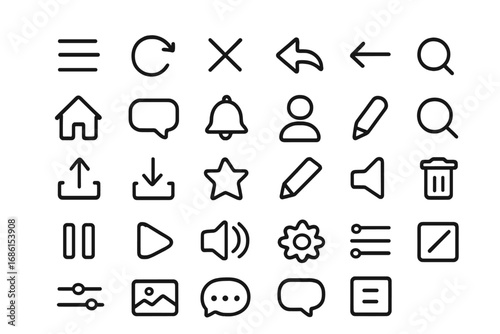 Set of universal user interface line icons for web and mobile apps. Vector collection of essential navigation, media, and communication symbols. UX/UI design graphic elements.