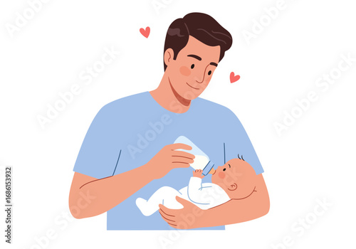 Father feeding baby with bottle concept illustration, perfect for parenting blogs, childcare websites, and baby product advertisements to show nurturing.