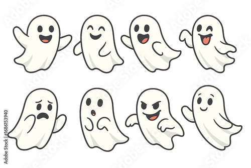 Cute cartoon ghost characters set for Halloween. Spooky funny spirits collection. Vector illustration with various emotions like happy, sad and scary. Playful phantom mascot.