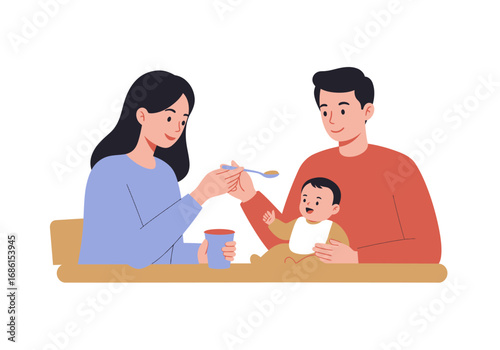 Happy family enjoys mealtime together parents feed baby spoonful of food with love. Suitable for parenting websites, family blogs, childcare materials.