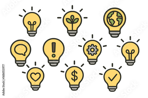 Collection of light bulb icons representing ideas. Vector set of symbols for innovation, business, finance, ecology, communication, solution, creativity and inspiration.