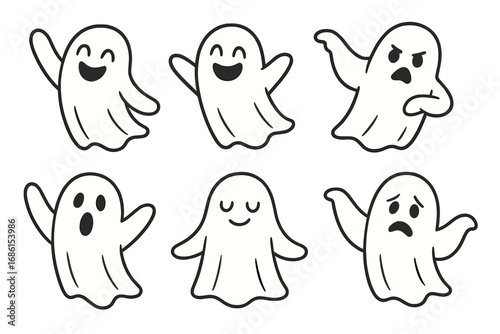 Set of cute ghost characters. Spooky Halloween vector cartoon illustration collection. Funny phantom, spirit monster with various emotions. Holiday doodle icon design element.