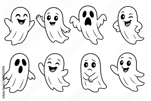 Cute ghost character set for Halloween. Spooky and funny phantom mascot collection. Vector cartoon spirits with various emotions. Happy, sad, scared emoticon pack for kids.