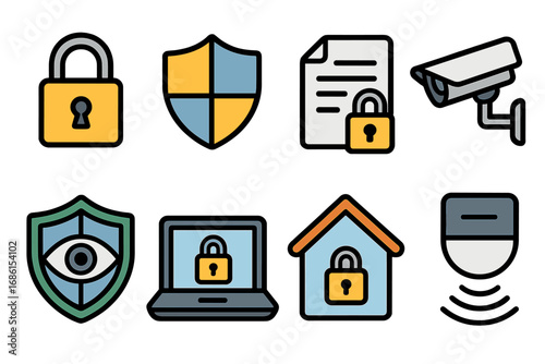 Security icon set for cybersecurity and data protection. Collection of safety, privacy, and monitoring symbols like padlock, shield, CCTV camera, home alarm, and locked document.