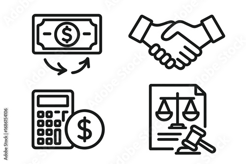 Financial and legal business icon set. Vector line art symbols for concepts like money transaction, contract agreement, handshake deal, and law. Justice, auction and budget.