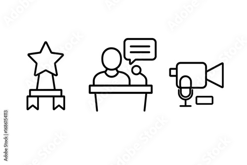 Event planning line icon set. Public speaking, awards ceremony, and media press conference concept. Vector icons for business presentation, winner recognition and interview.