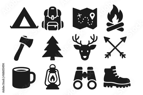 Camping silhouette icons set. Solid adventure symbols for hiking & travel. Vector graphic collection of outdoor, forest & survival equipment pictograms. Cartoon illustration.