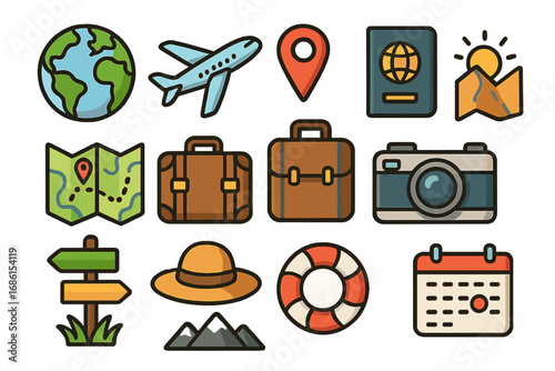 Travel icon set for tourism and vacation. Flat vector cartoon illustration collection of globe, airplane, passport, luggage, map, camera for adventure trip planning and journey.