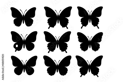 Elegant butterfly silhouette icon set. Collection of various black butterfly shapes. Nature insect symbols for design, tattoo, or decoration. Vector graphic illustration isolated.