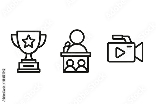 Event management line icon set. Public speaking, awards ceremony, and media coverage concept. Trophy, speaker at podium, and video camera icons for presentation, conference, success.