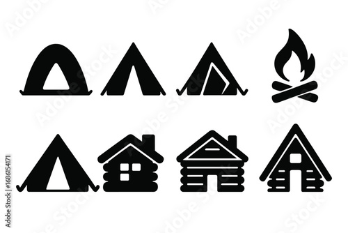 Camping silhouette icon set with various tents, log cabins, and a campfire. Vector glyphs for outdoor adventure, hiking, and nature travel concepts. Bonfire and lodge symbols.