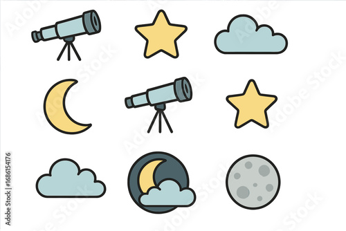 Astronomy icon set with telescope, star, and moon. Simple cartoon vector graphics for science and education. Flat design space exploration symbols and night sky elements.