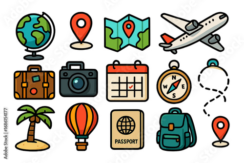 Travel and tourism icon collection. Vector cartoon set of journey, vacation, and adventure symbols like airplane, map, passport, globe, compass, luggage, and hot air balloon.