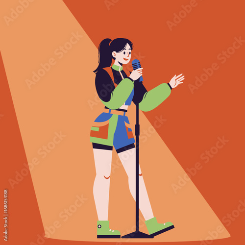 A young woman performs on stage with a microphone, showcasing confidence and talent.