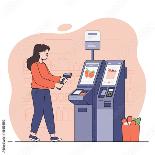 A person using a self-service kiosk to scan groceries in a store.