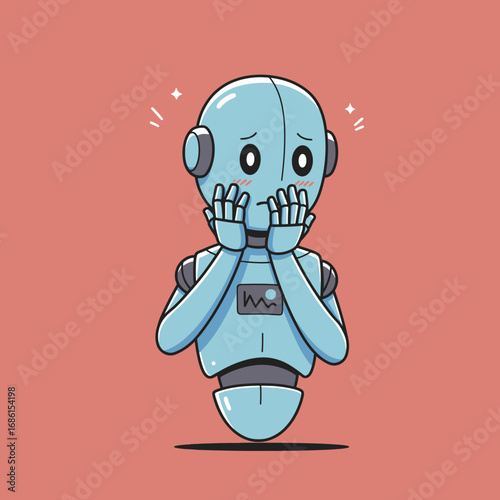 A cute blue robot with a shy expression, covering its face with its hands.