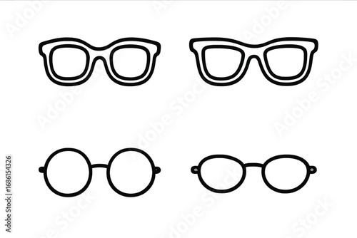 Eyewear outline icon set. Glasses and sunglasses vector line art collection. Minimalist illustration of fashion spectacles, retro optical frames. Vision accessory symbols.