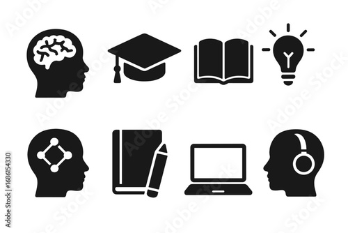 Cognitive and learning silhouette icon set. Brain, education, study symbols. Knowledge, mind, intelligence, and science vector icons for e-learning and online training.