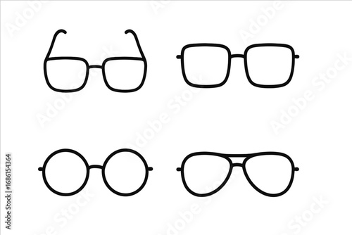 Eyewear outline icon set. Glasses, sunglasses, and spectacles collection in a minimalist line art style. Vector graphic includes aviator, round, and square frames. Vision.
