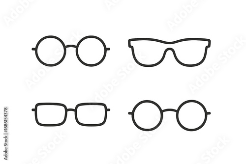 Eyewear outline icon set. Glasses, sunglasses, and spectacles in various shapes. Vector collection of retro, classic, and modern frames. Simple line art for vision and fashion.