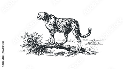 Cheetah standing on a log amidst foliage in a detailed sketch. Vector hand drawn illustration
