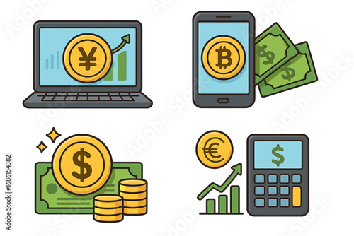Finance icon set with currency concepts. Vector illustrations for financial design, online trading, and investment. Includes dollar, euro, yen, bitcoin, mobile payment and growth.