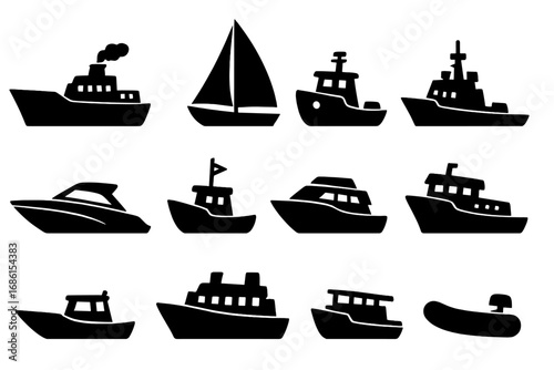Set of boat and ship icons. Collection of black silhouettes. Water transport, yacht, sailboat, military warship, cargo ship, ferry, motorboat. Sea travel vector symbols.