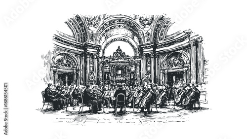 Orchestra Performing Classical Music Inside Grand Concert Hall. Vector hand drawn illustration