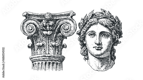 Classical Corinthian column capital and Romanesque laurel-wreathed head profile. Vector hand drawn illustration