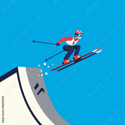 A skier performs a jump off a ramp against a blue background.