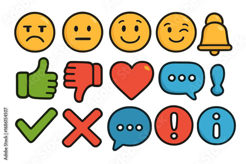 Social media icon set with emoji for feedback and communication. Like, dislike, love heart, chat bubble and notification bell. Emoticon faces for customer satisfaction rating.