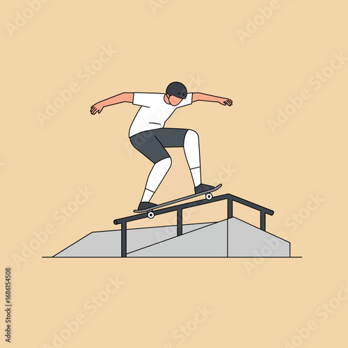 A skateboarder performing a trick on a rail in a minimalistic design.