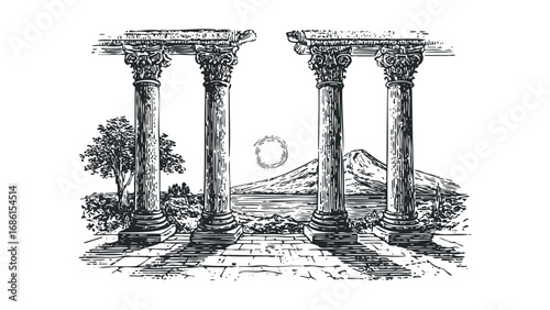 Ancient architectural columns framing a scenic landscape with a mountain and water. Vector hand drawn illustration
