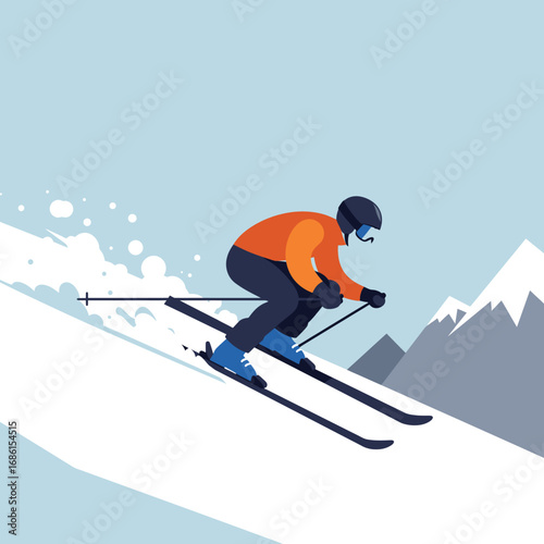 A skier navigating a snowy slope with mountains in the background.