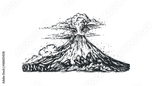 Sketch of an erupting volcano spewing ash clouds over a forest landscape. Vector hand drawn illustration