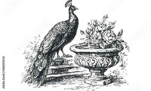 Hand-drawn sketch of a proud peacock standing next to a decorative urn filled with roses. Vector hand drawn illustration