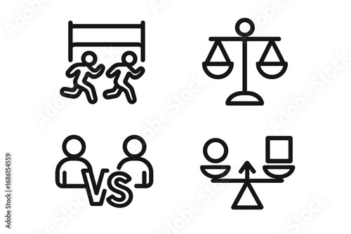 Competition and balance icon set. Vector concepts of comparison, versus, and justice. Runners at finish line, scales of law, and choice. Business rivalry metaphor. Minimalist line art.