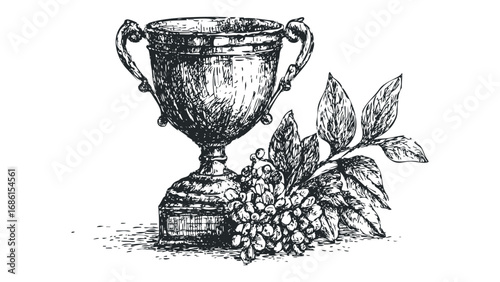 Detailed hand-drawn trophy with grapes and leaves. Vector hand drawn illustration